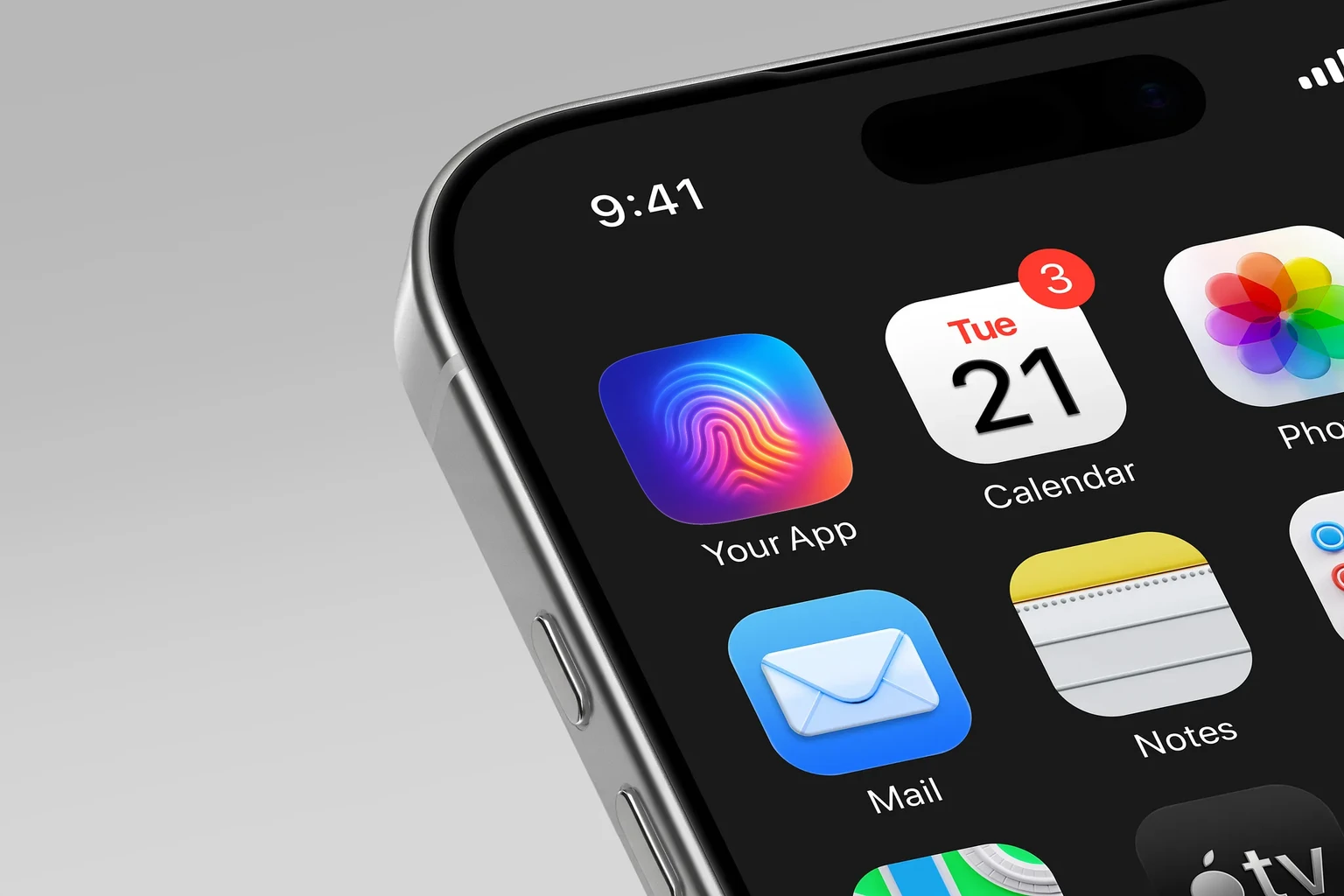Glowing fingerprint made of curved blue, purple, pink, orange, and yellow lines on a gradient background shown on an iPhone home screen