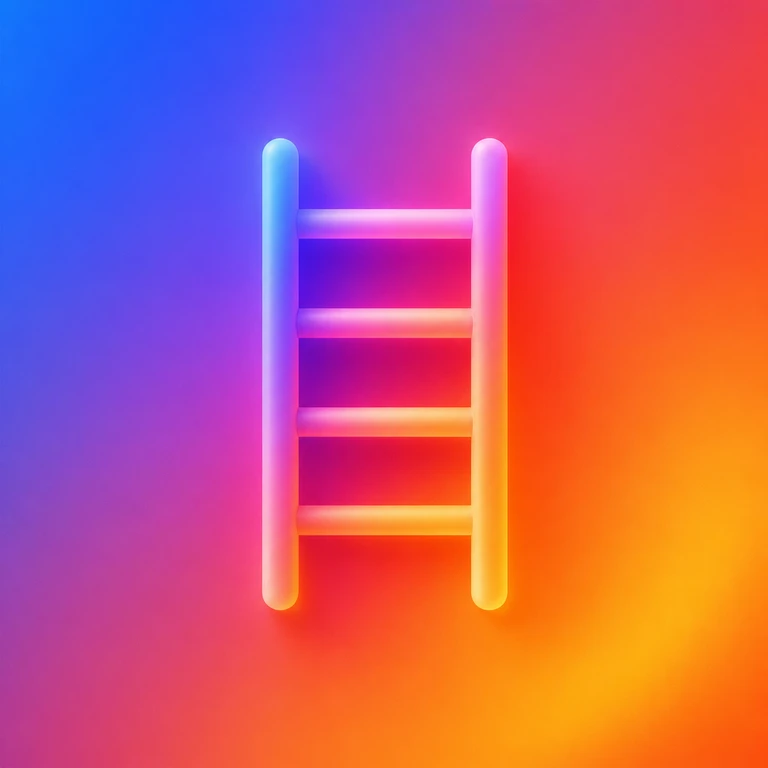 Glowing straight ladder with four rungs on a blue, pink, orange, and yellow gradient background.