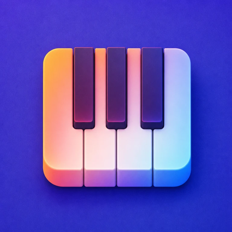 Four rounded white piano keys with three raised black keys under pink, blue, orange, and purple lighting