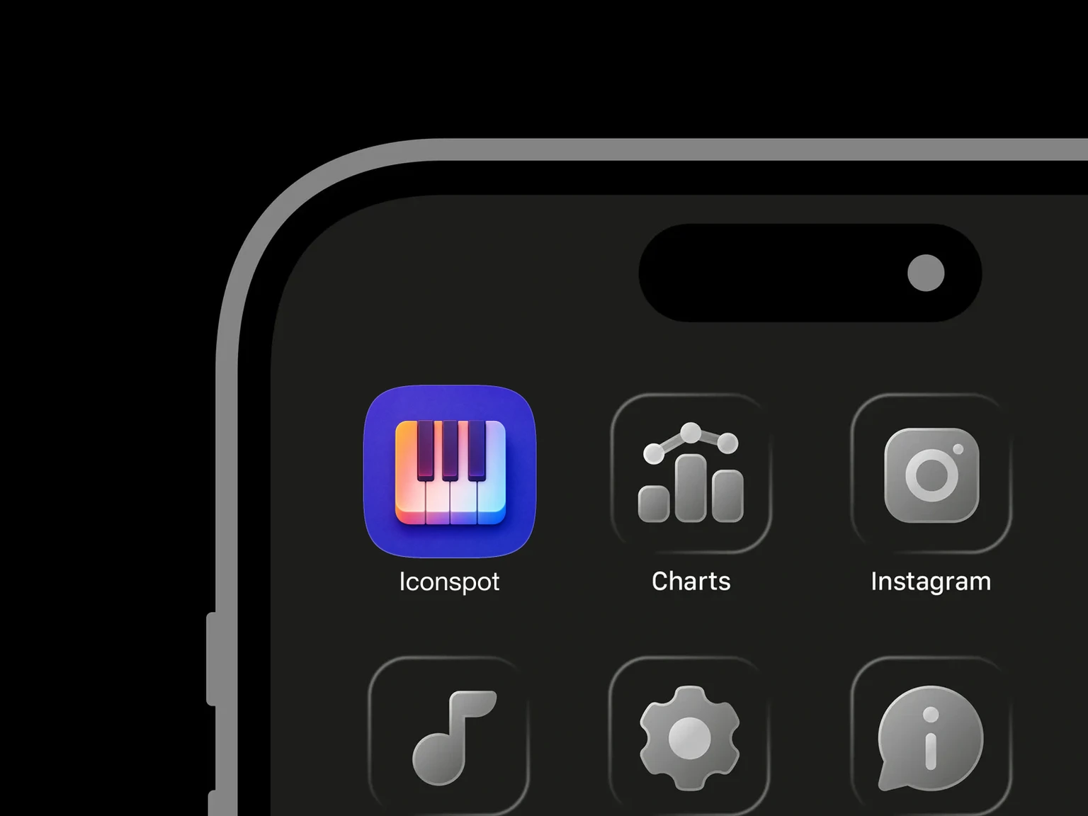 Four rounded white piano keys with three raised black keys under pink, blue, orange, and purple lighting shown in an iPhone app grid