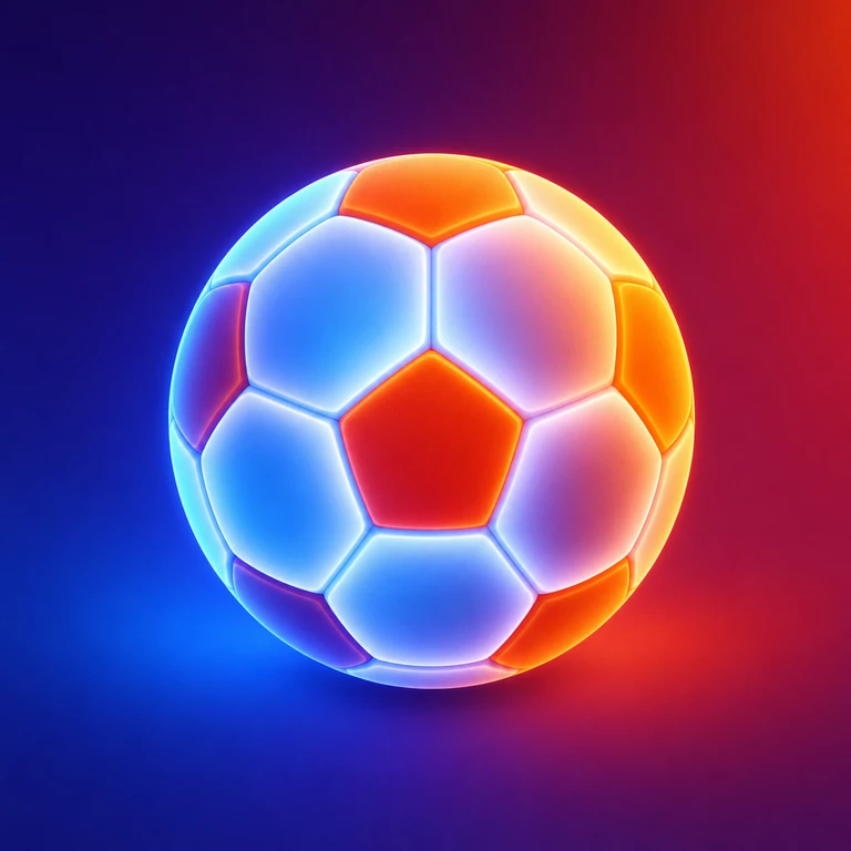 Glowing 3D soccer ball with blue, cyan, orange, red and violet panels on a dark gradient background