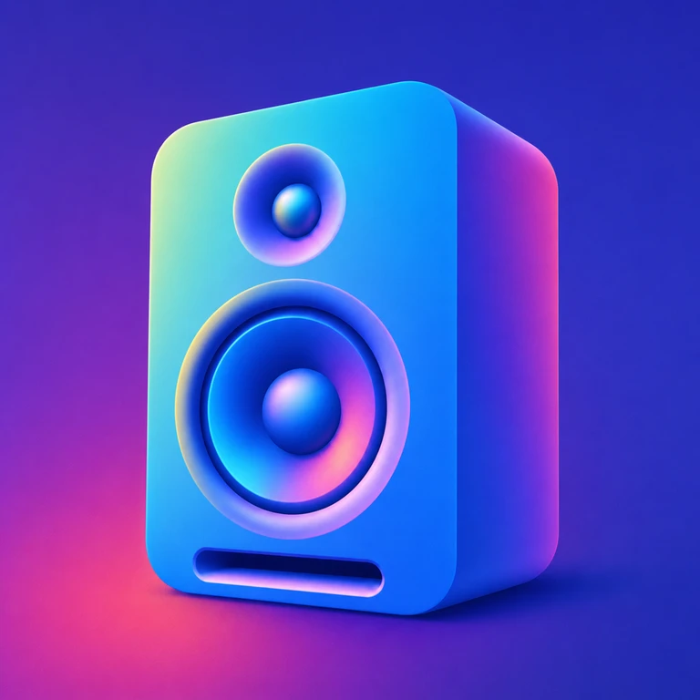 Blue and purple 3D studio speaker with two circular drivers and a horizontal bass port