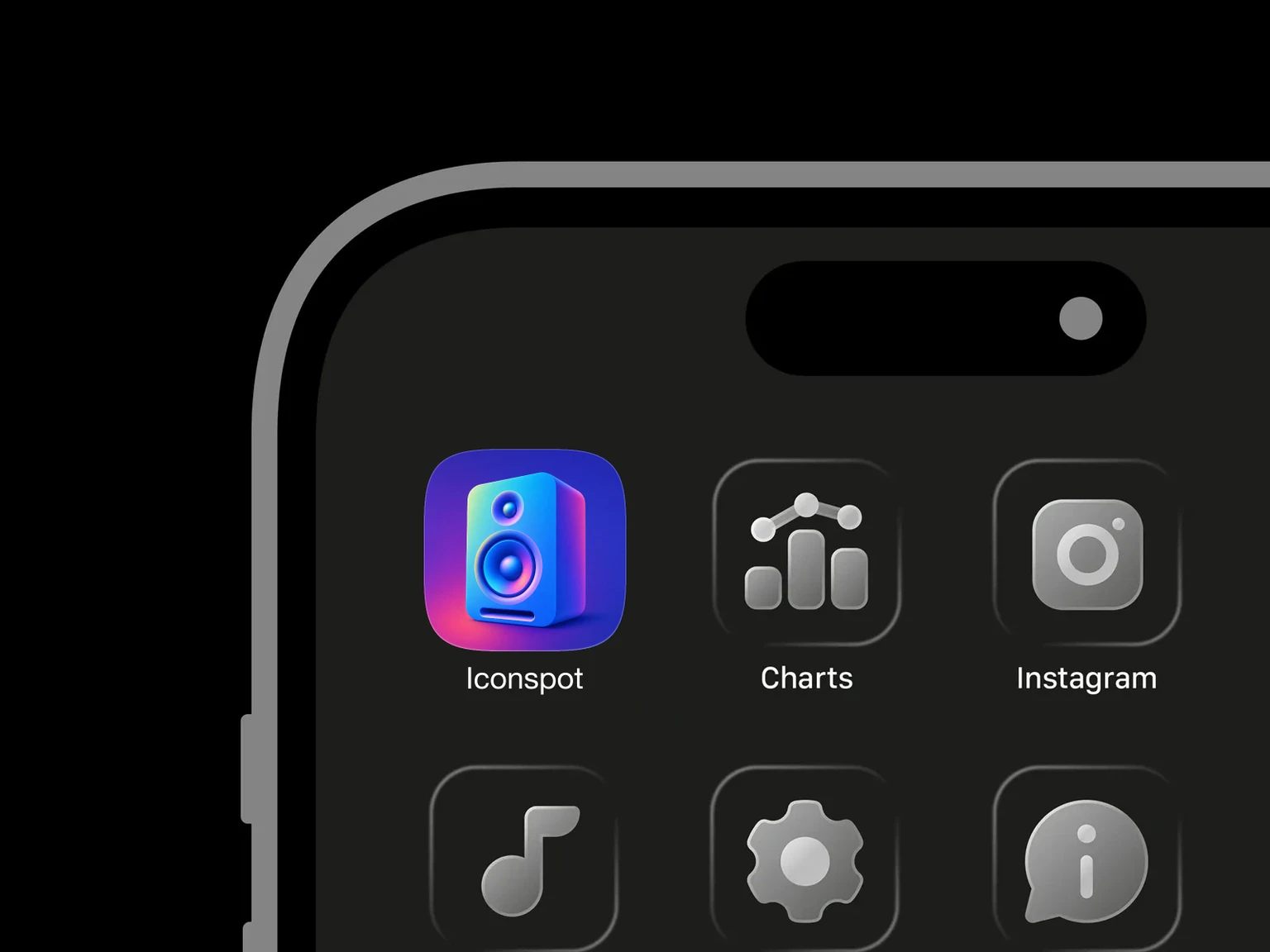 Blue and purple 3D studio speaker with two circular drivers and a horizontal bass port shown in an iPhone app grid