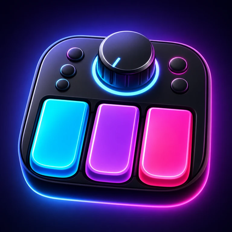 Glossy black control pad with a large central dial, five round buttons, and three glowing cyan, purple, and pink keys.