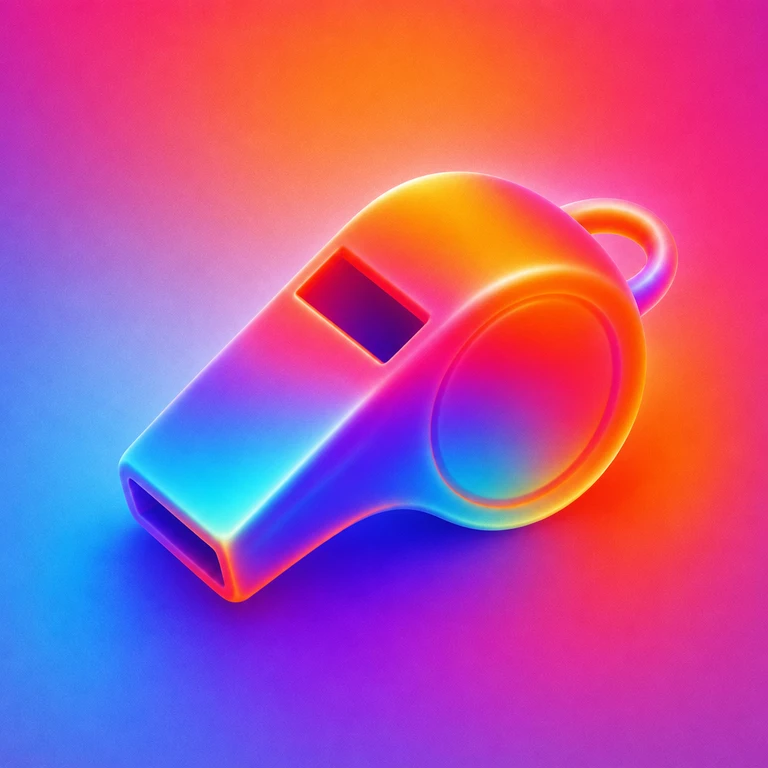 Glossy 3D sports whistle in orange, pink, purple, cyan, and yellow gradients on a blurred neon background
