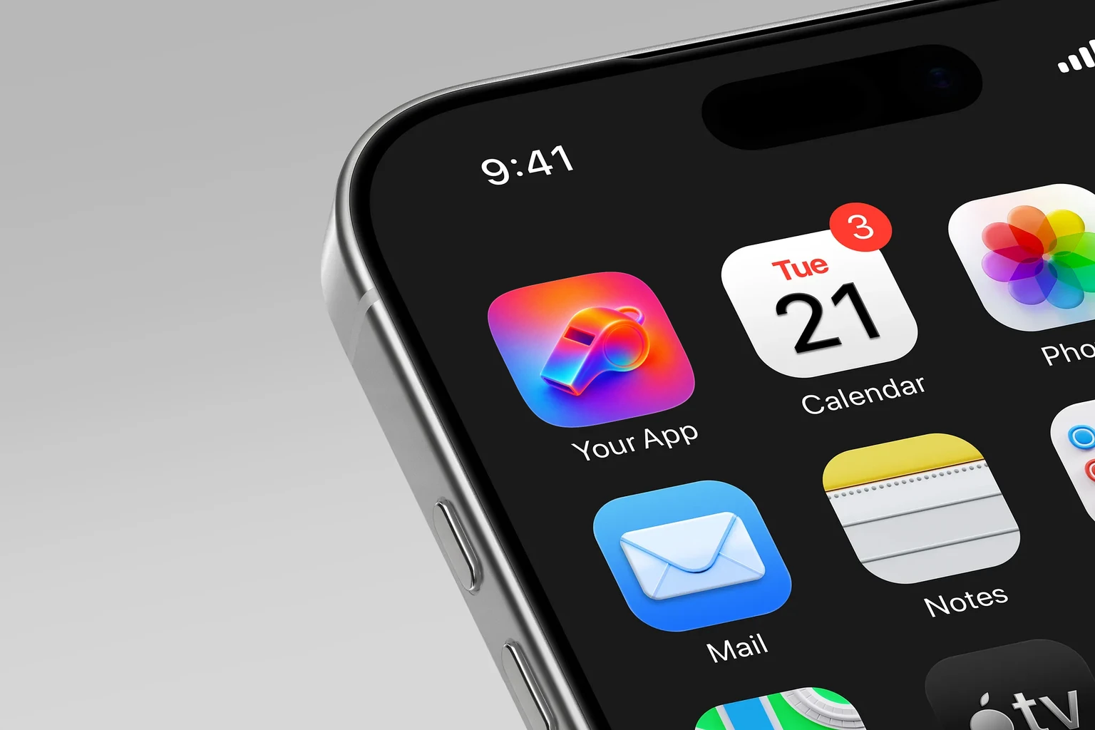 Glossy 3D sports whistle in orange, pink, purple, cyan, and yellow gradients on a blurred neon background shown on an iPhone home screen