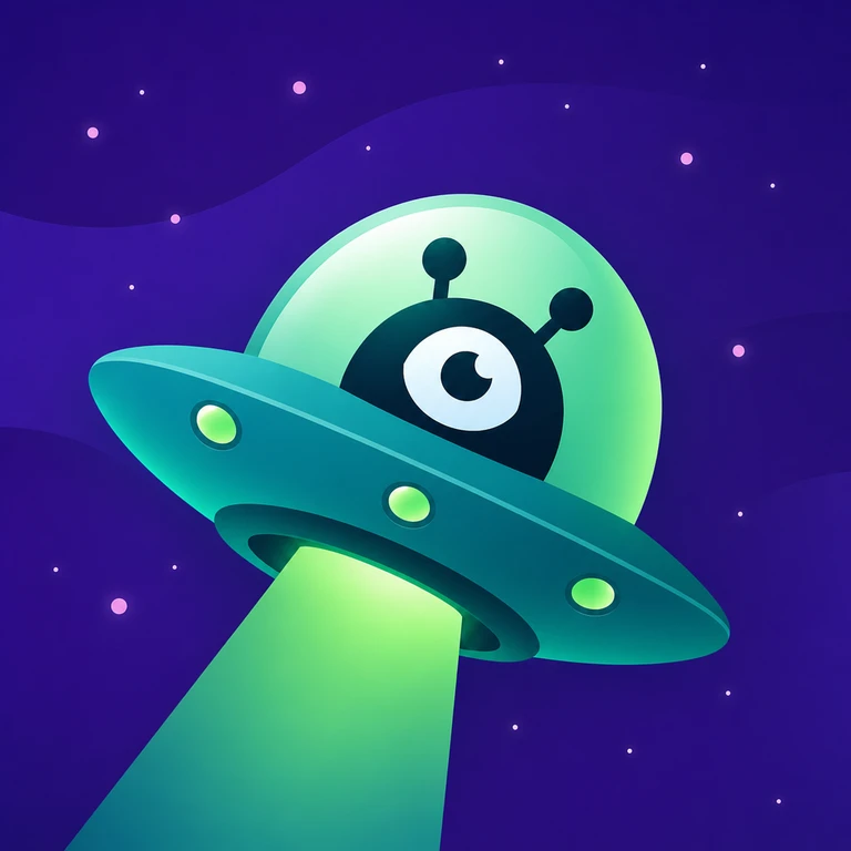 One-eyed alien inside a teal flying saucer projecting a green beam against a starry purple background