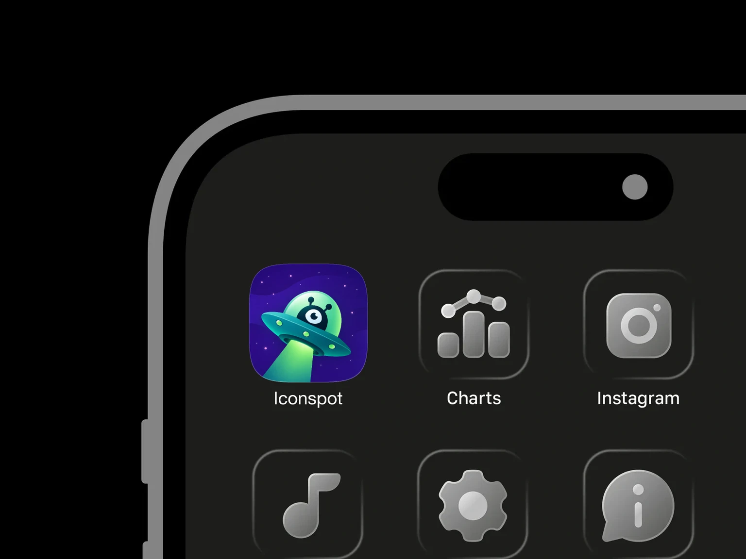 One-eyed alien inside a teal flying saucer projecting a green beam against a starry purple background shown in an iPhone app grid