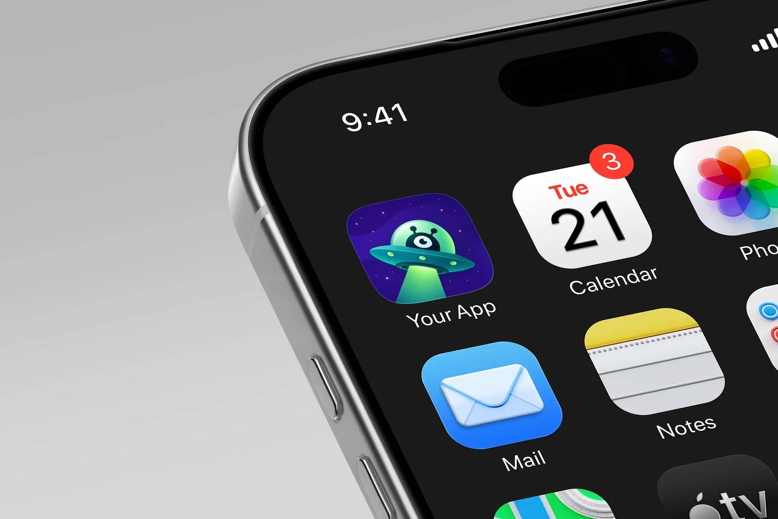 One-eyed alien inside a teal flying saucer projecting a green beam against a starry purple background shown on an iPhone home screen