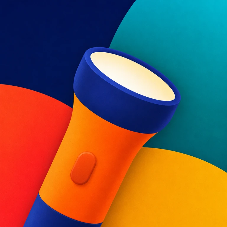 Orange handheld flashlight with a cream-lit lens, navy head and base, and a raised switch on a multicolor background