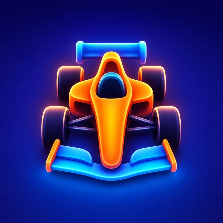 Front-facing orange open-wheel race car with blue wings, four dark tires, and glowing edges on a deep purple background.