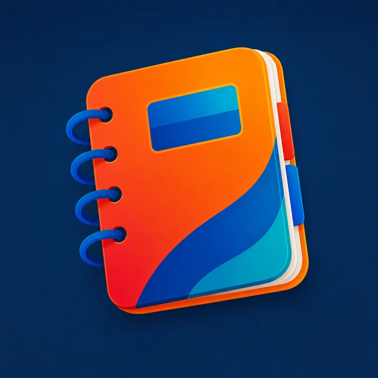 Closed orange and red ring-bound notebook with four blue loops, a blank blue label, cream page edges, and colorful side tabs on a navy background
