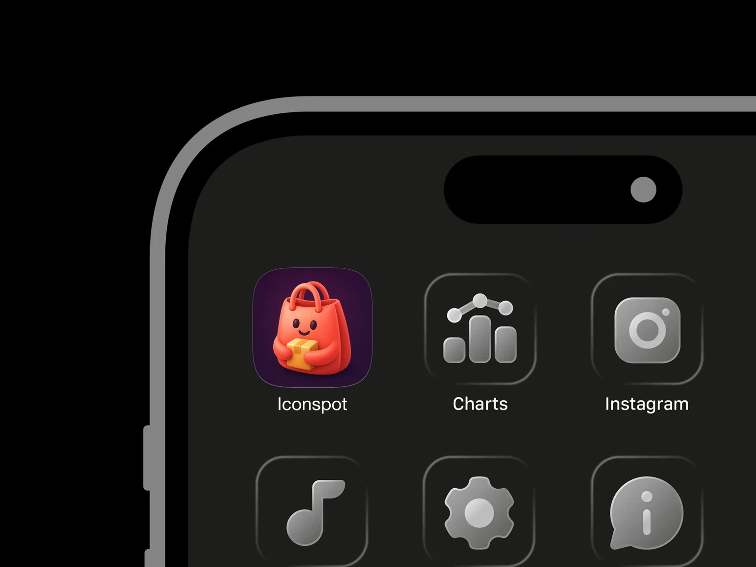 Smiling coral shopping bag mascot with two handles and rounded arms hugging a small golden package on a dark purple background. shown in an iPhone app grid
