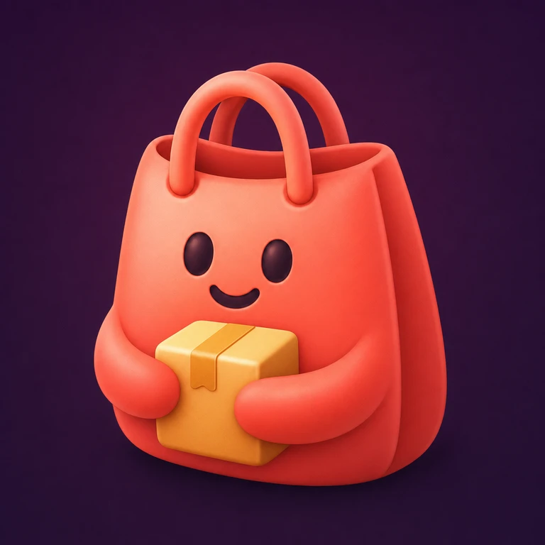 Smiling coral shopping bag mascot with two handles and rounded arms hugging a small golden package on a dark purple background.