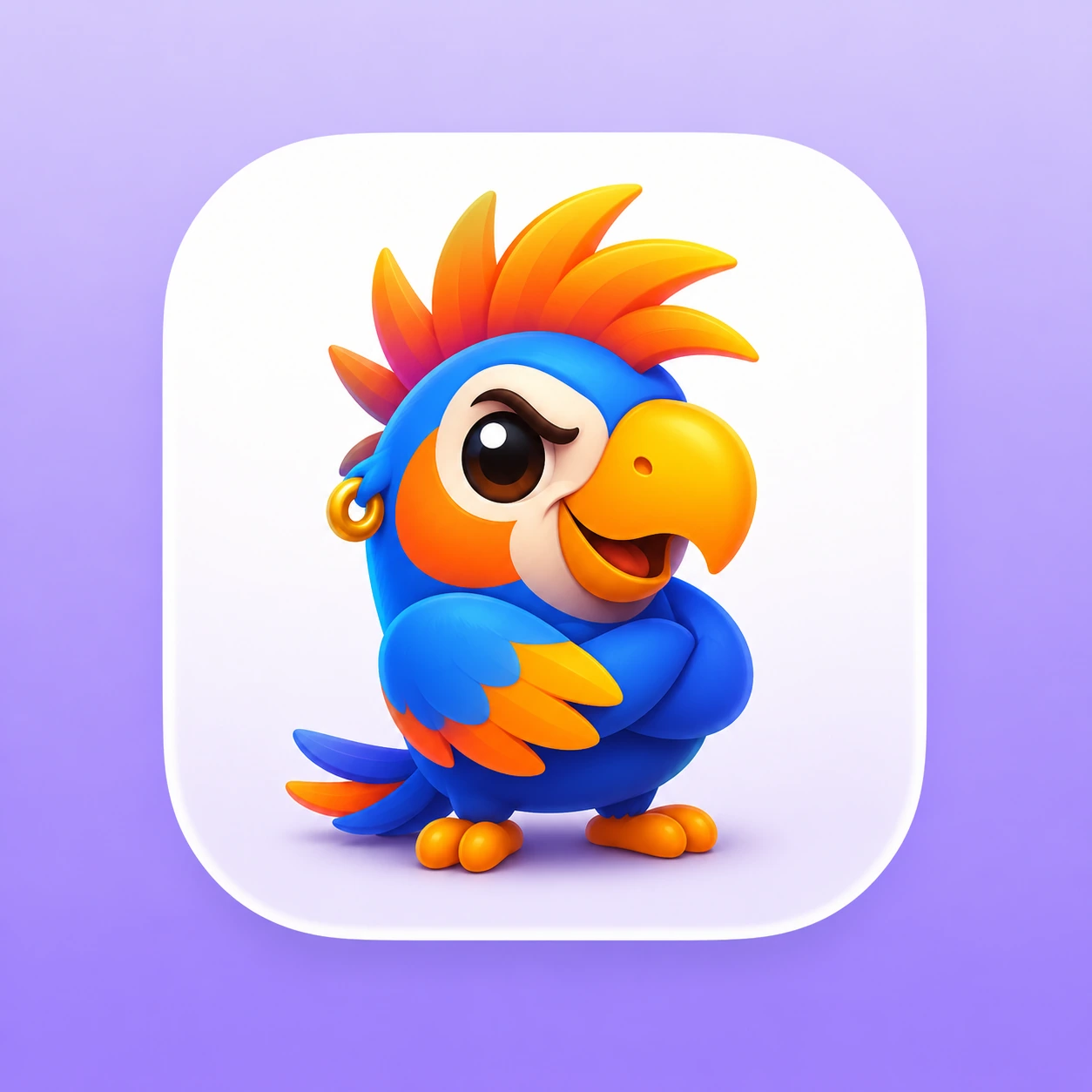 Confident blue and orange parrot with crossed wings and a gold hoop earring on pale lavender original presentation artwork