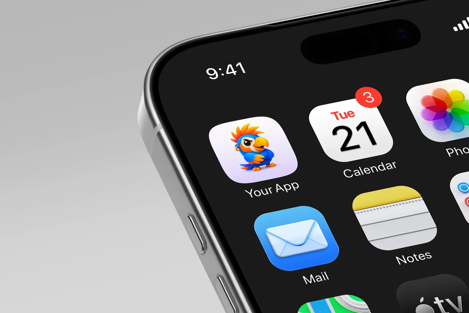 Confident blue and orange parrot with crossed wings and a gold hoop earring on pale lavender shown on an iPhone home screen