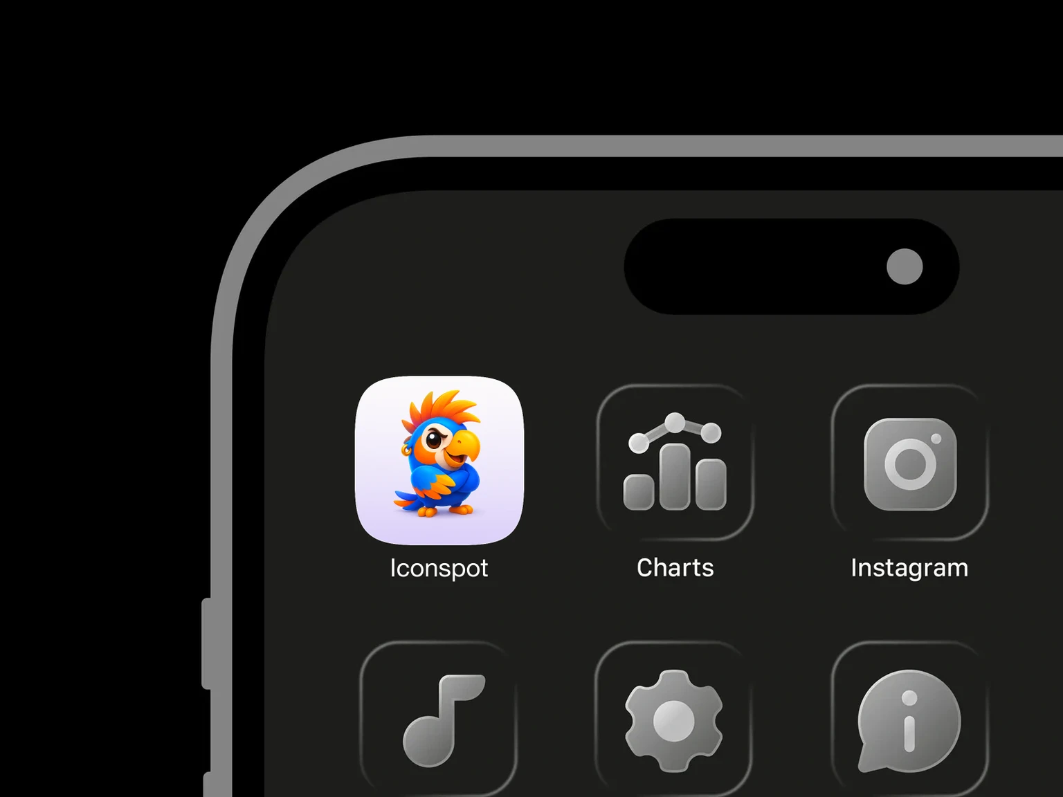 Confident blue and orange parrot with crossed wings and a gold hoop earring on pale lavender shown in an iPhone app grid