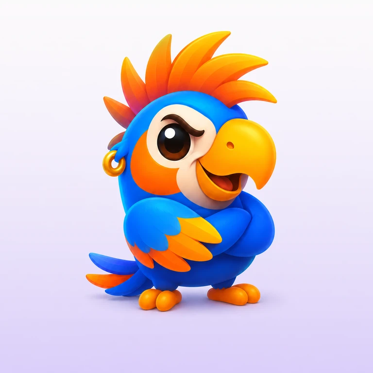 Confident blue and orange parrot with crossed wings and a gold hoop earring on pale lavender