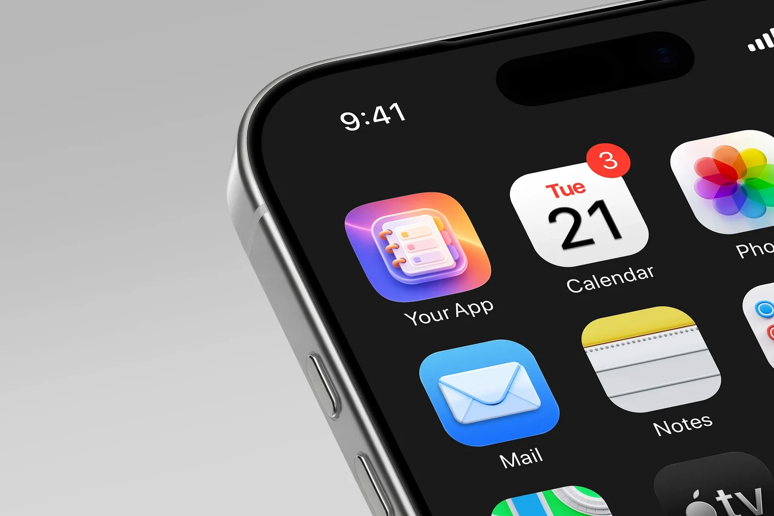 Rounded 3D ring-bound planner with three pastel list rows and orange, pink, and purple side tabs. shown on an iPhone home screen