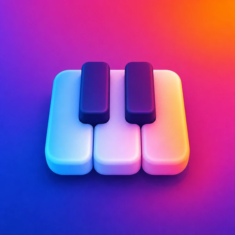 Three rounded white piano keys with two raised dark purple keys against a pink, blue and orange gradient background