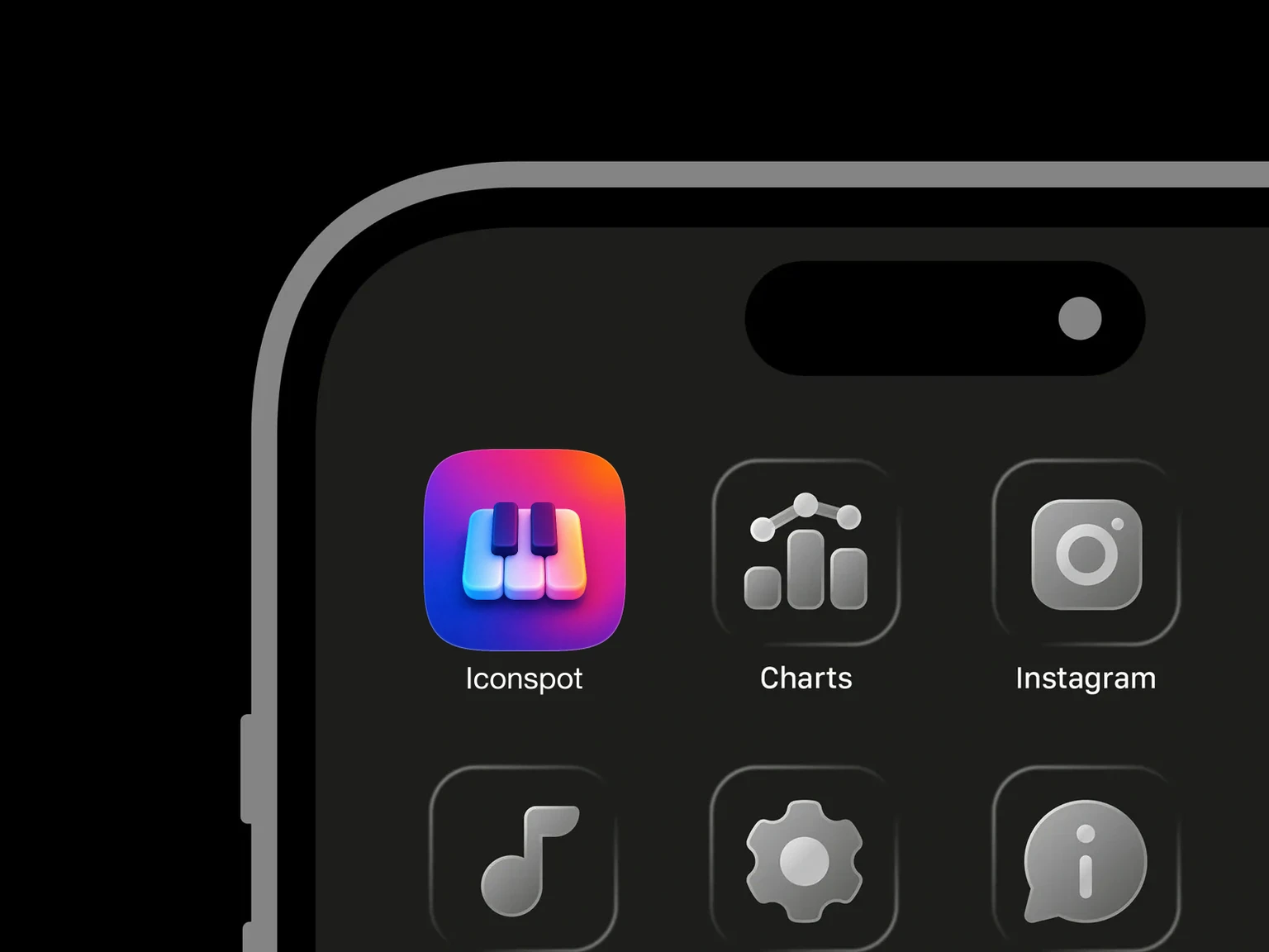 Three rounded white piano keys with two raised dark purple keys against a pink, blue and orange gradient background shown in an iPhone app grid