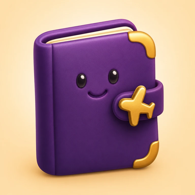 Smiling purple passport booklet with black oval eyes, cream page edges, gold corner guards, and a gold airplane clasp on the front strap.