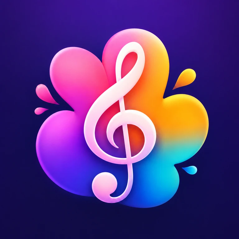 White treble clef over a pink, orange, blue and cyan gradient splash on a deep violet background