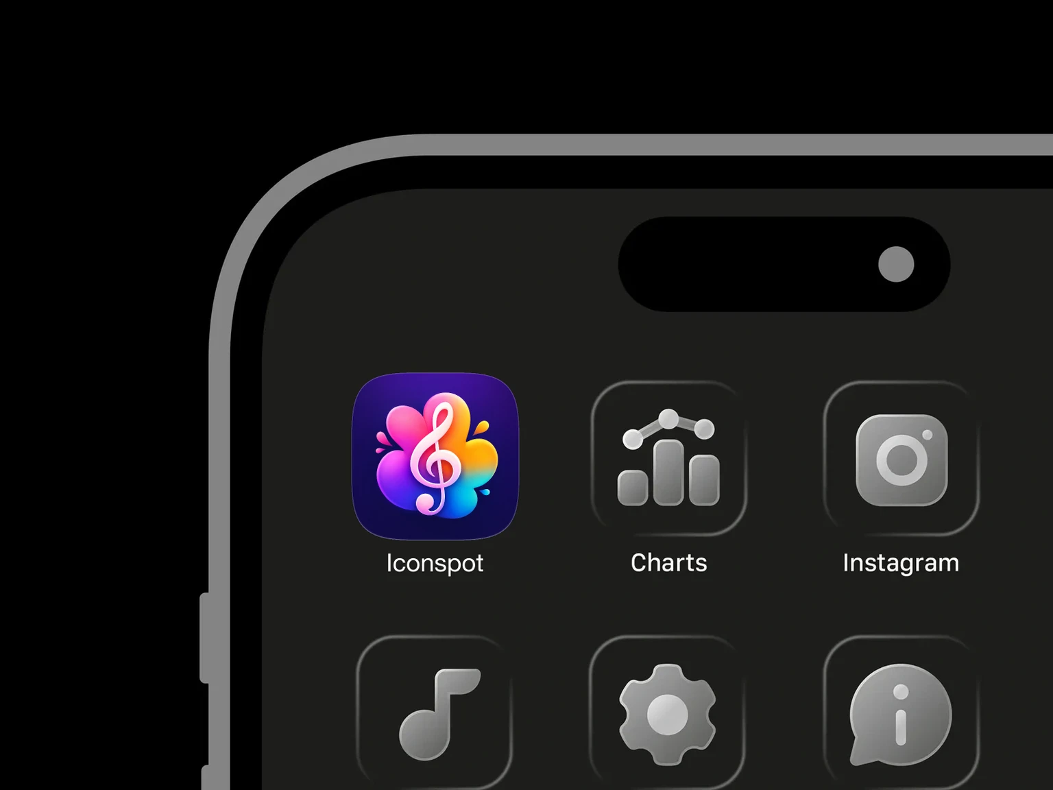 White treble clef over a pink, orange, blue and cyan gradient splash on a deep violet background shown in an iPhone app grid