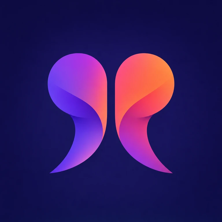 Two mirrored, curved quotation marks in purple, magenta, coral, and orange gradients on a deep navy square background.