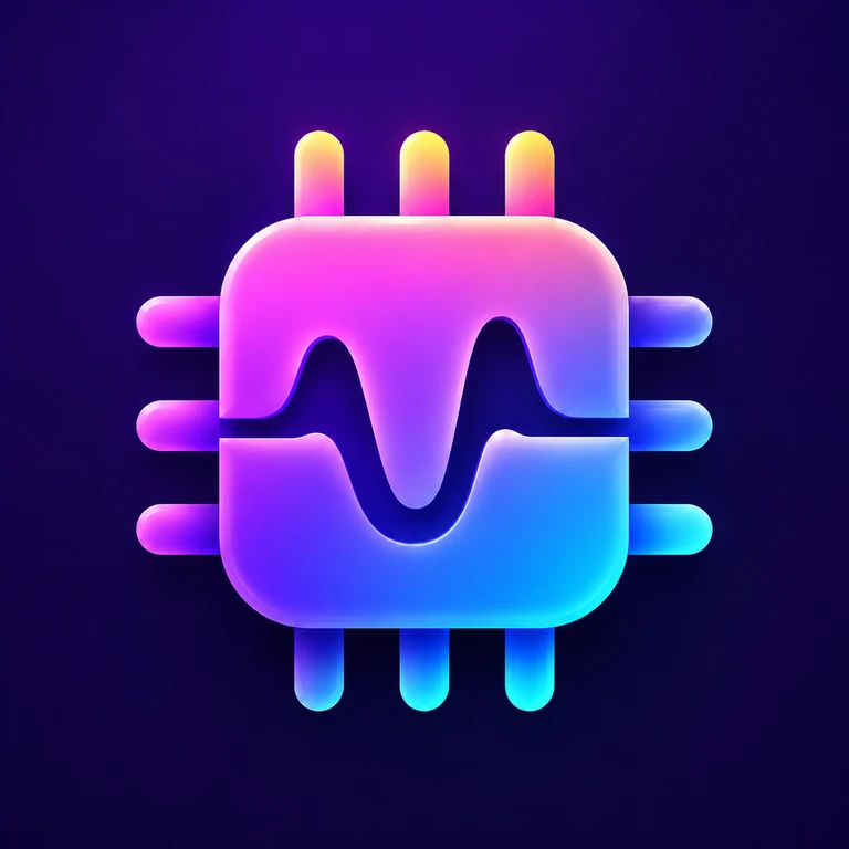 Neon gradient microchip with a flowing waveform cut through its centre on a deep violet background