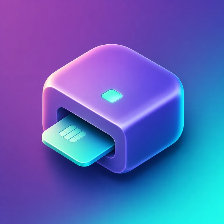 Rounded purple card reader with a turquoise chip card inserted and a glowing cyan indicator on top