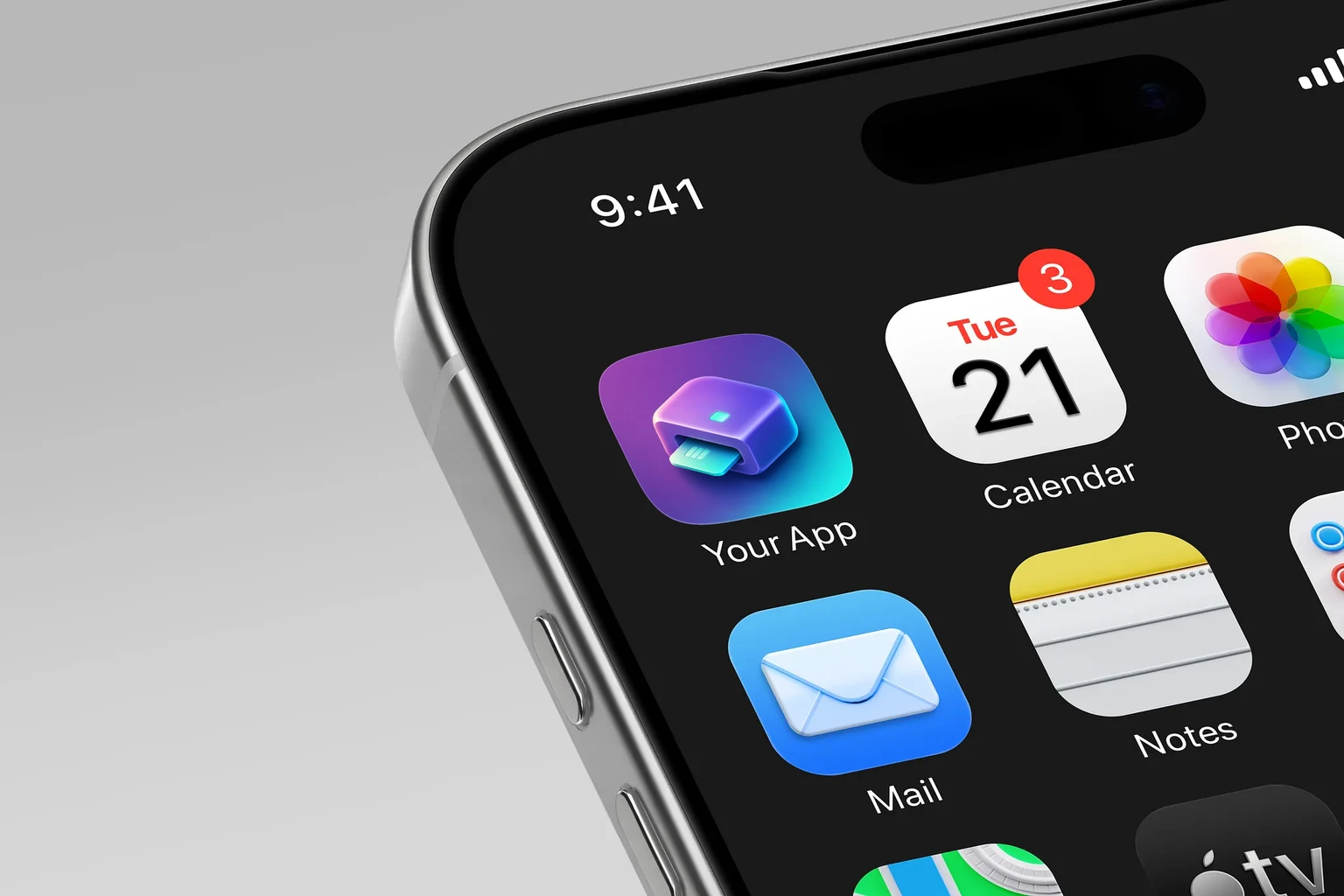 Rounded purple card reader with a turquoise chip card inserted and a glowing cyan indicator on top shown on an iPhone home screen