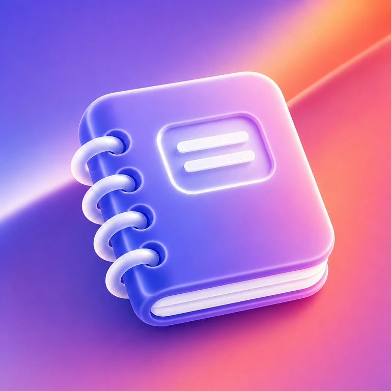Rounded purple spiral notebook with four white binding rings and a blank label on a pink, orange, and blue gradient background