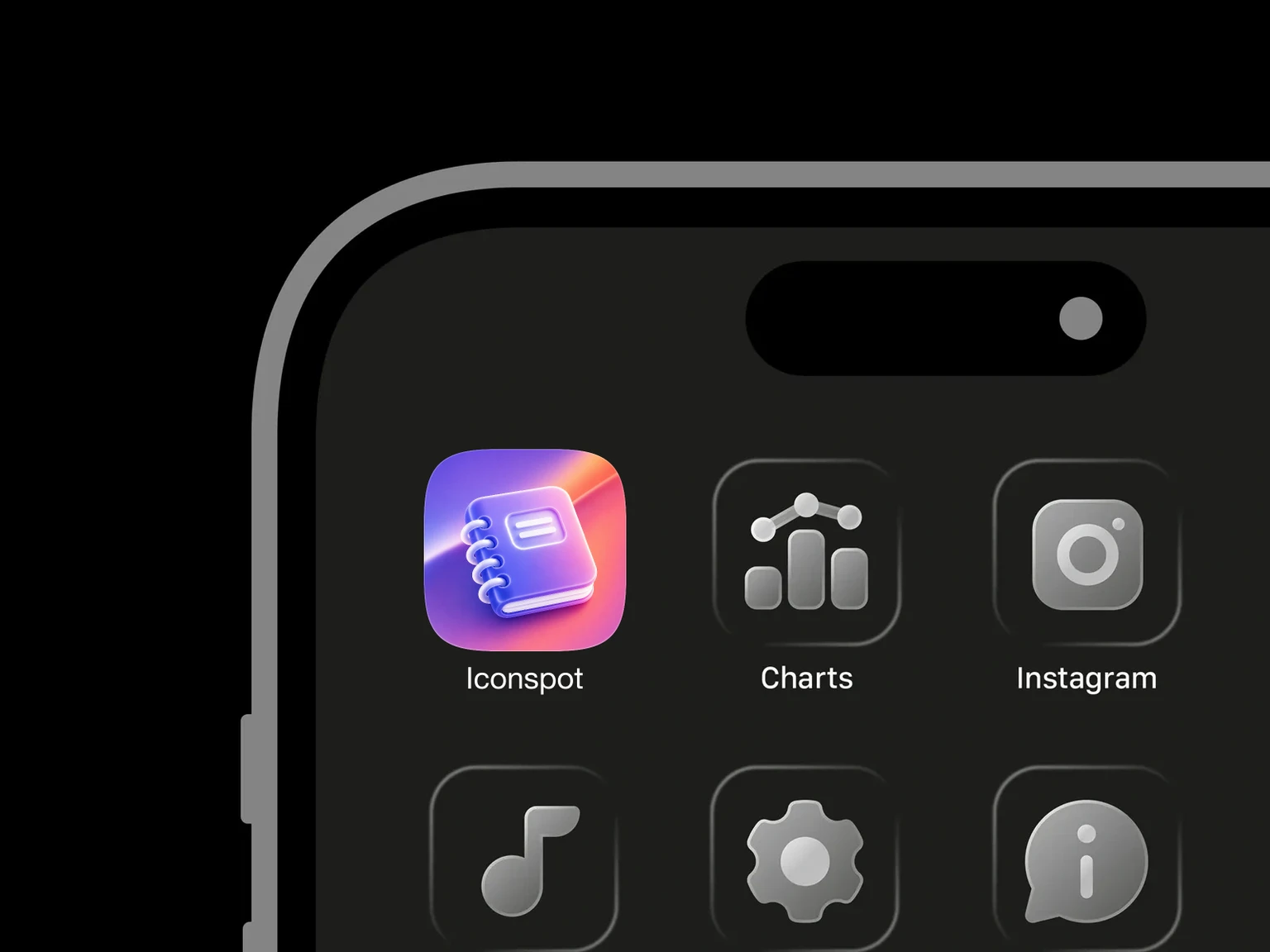 Rounded purple spiral notebook with four white binding rings and a blank label on a pink, orange, and blue gradient background shown in an iPhone app grid