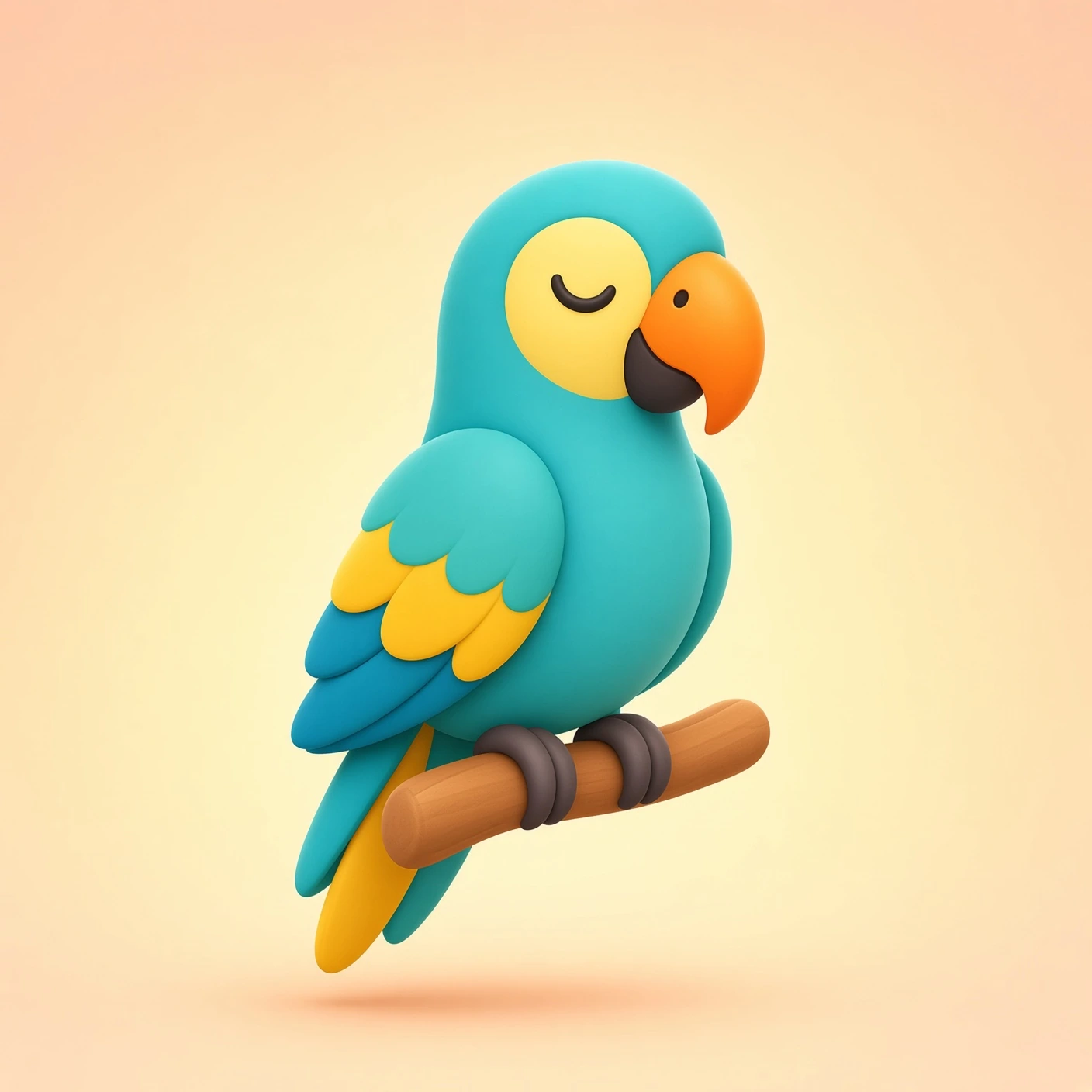 Calm turquoise and yellow parrot with closed eyes resting on a wooden perch original presentation artwork