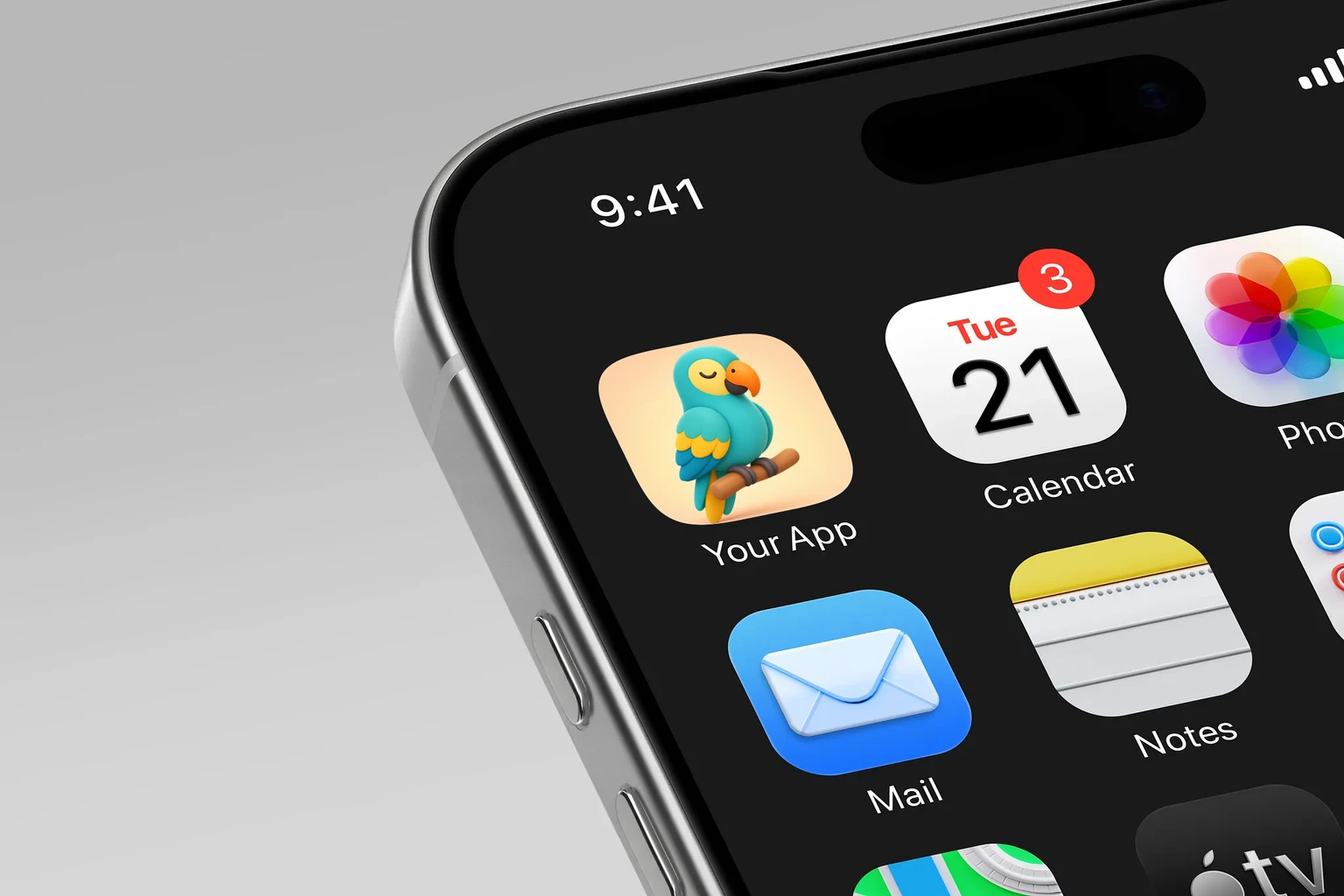 Calm turquoise and yellow parrot with closed eyes resting on a wooden perch shown on an iPhone home screen