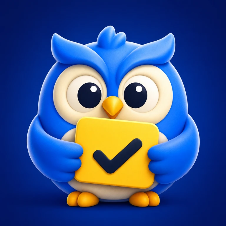 Rounded blue owl with large eyes holding a yellow card featuring a dark check mark on a deep blue background.