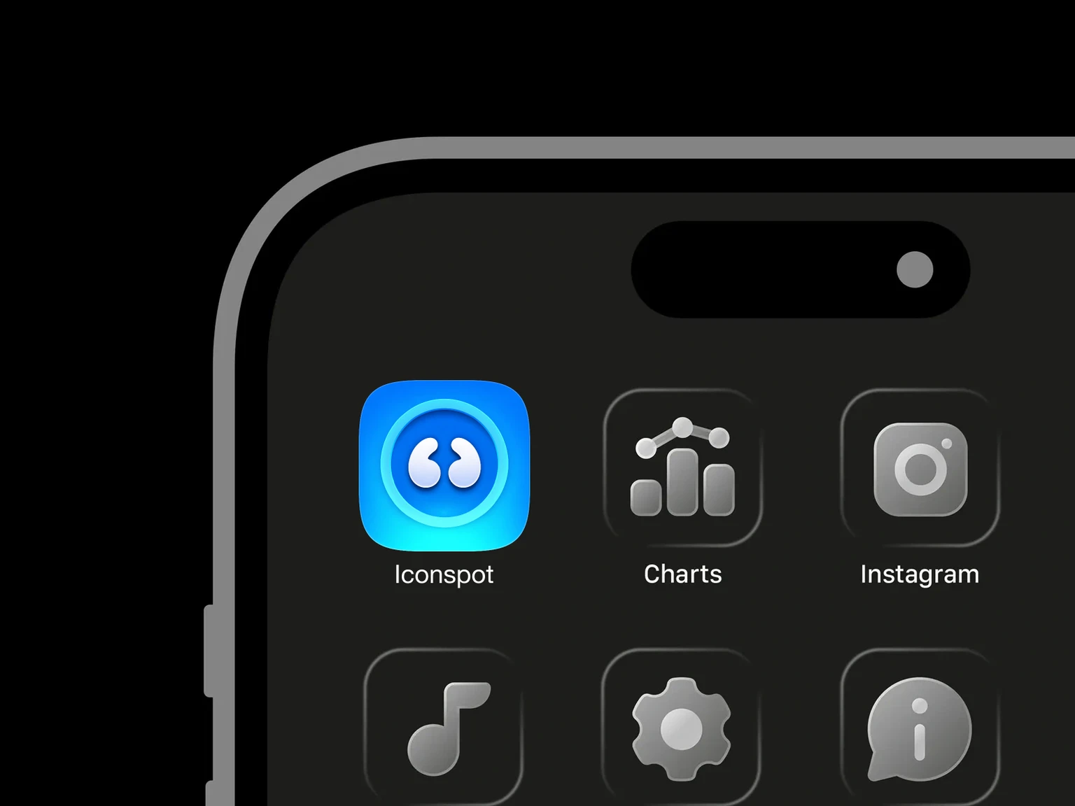 Two rounded white quotation marks facing inward inside a thick cyan ring on a luminous blue background shown in an iPhone app grid