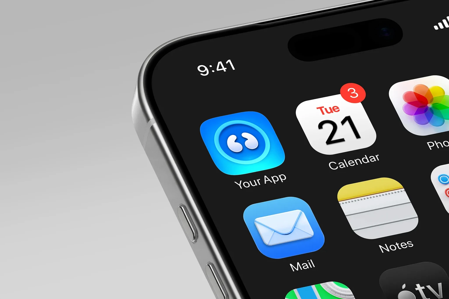 Two rounded white quotation marks facing inward inside a thick cyan ring on a luminous blue background shown on an iPhone home screen