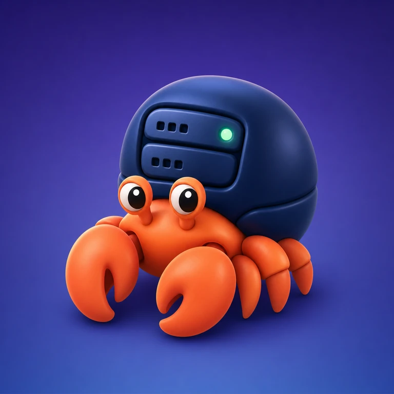 Glossy orange hermit crab with large claws and wide eyes carrying a rounded dark blue server shell with two bays and one green status light.