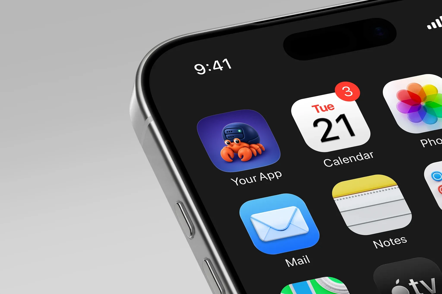 Glossy orange hermit crab with large claws and wide eyes carrying a rounded dark blue server shell with two bays and one green status light. shown on an iPhone home screen