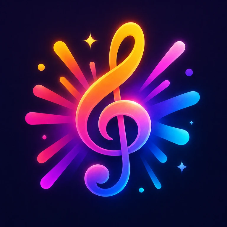 Golden, pink and blue treble clef with radial rainbow rays, dots and sparkles on a deep navy background