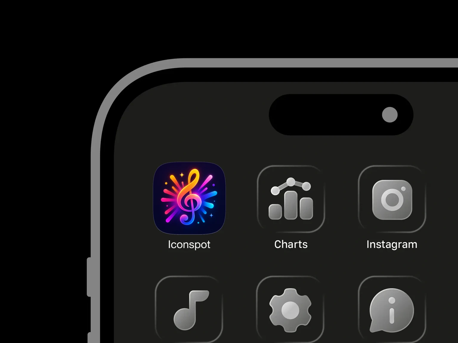 Golden, pink and blue treble clef with radial rainbow rays, dots and sparkles on a deep navy background shown in an iPhone app grid