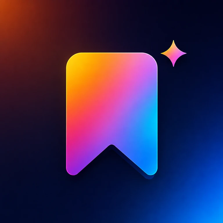 Rounded rainbow-gradient bookmark with a V-shaped notch and four-point sparkle on a dark navy background.
