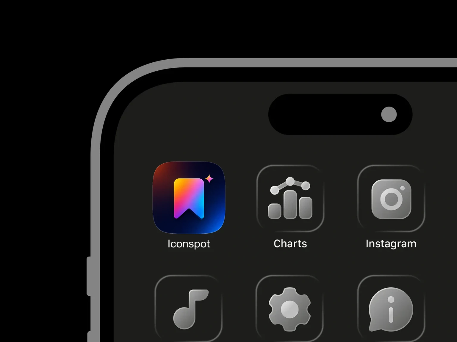 Rounded rainbow-gradient bookmark with a V-shaped notch and four-point sparkle on a dark navy background. shown in an iPhone app grid