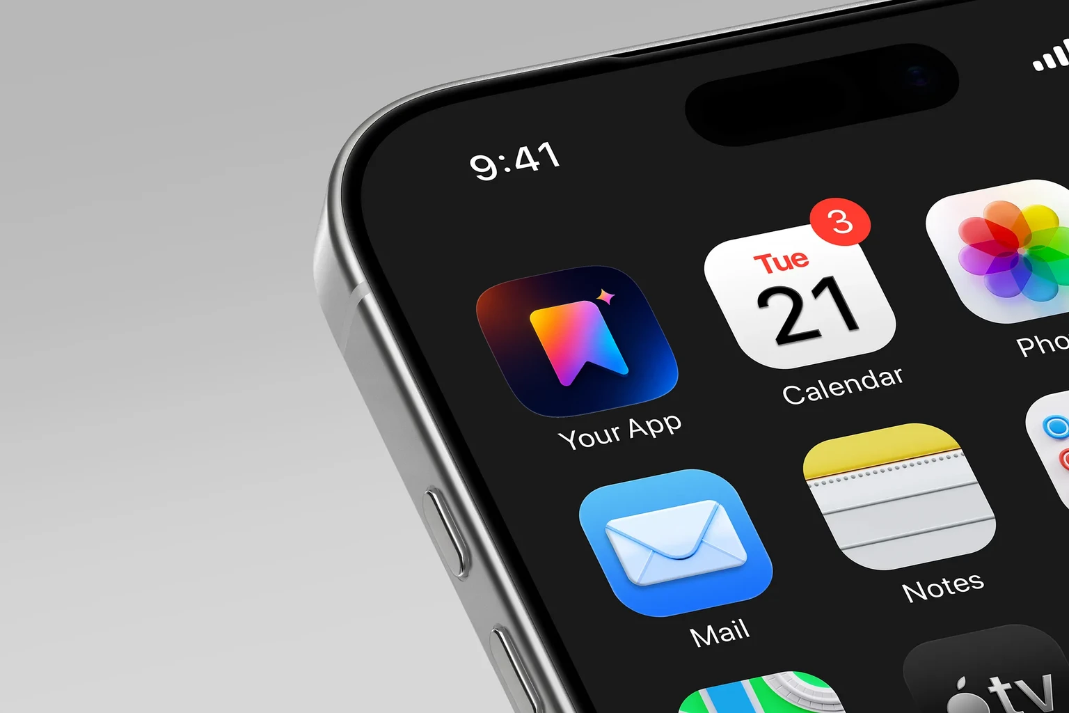 Rounded rainbow-gradient bookmark with a V-shaped notch and four-point sparkle on a dark navy background. shown on an iPhone home screen