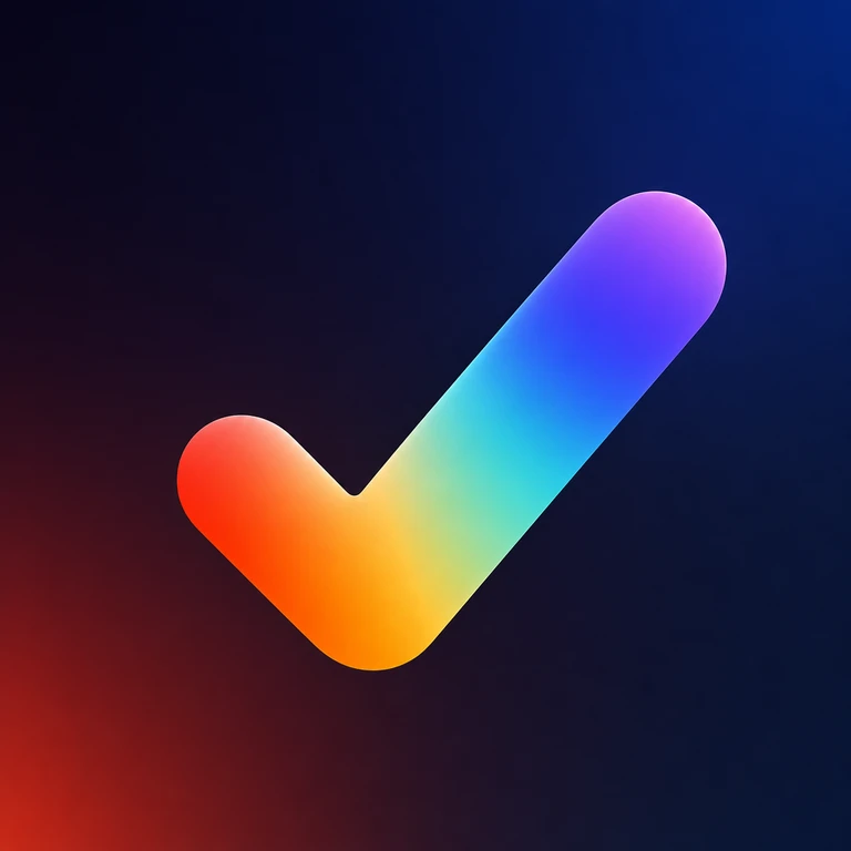 Thick rounded checkmark with a red, orange, yellow, cyan, blue, and purple gradient on a dark navy background