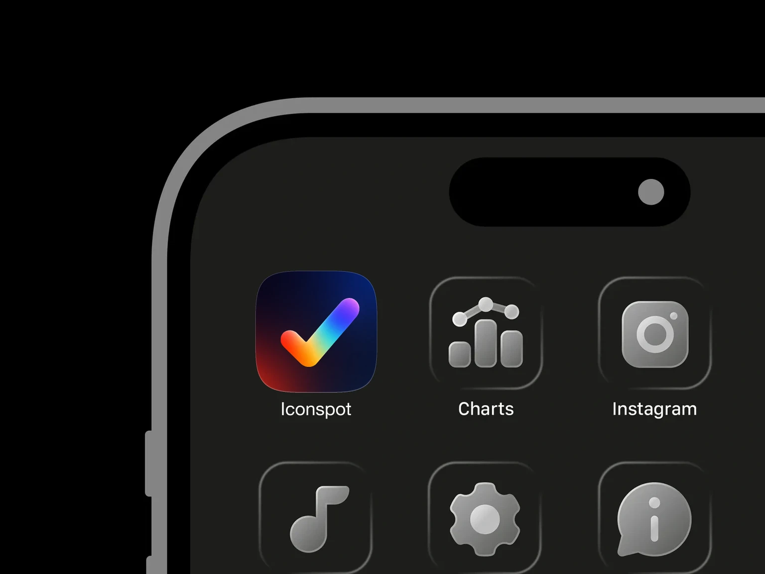 Thick rounded checkmark with a red, orange, yellow, cyan, blue, and purple gradient on a dark navy background shown in an iPhone app grid