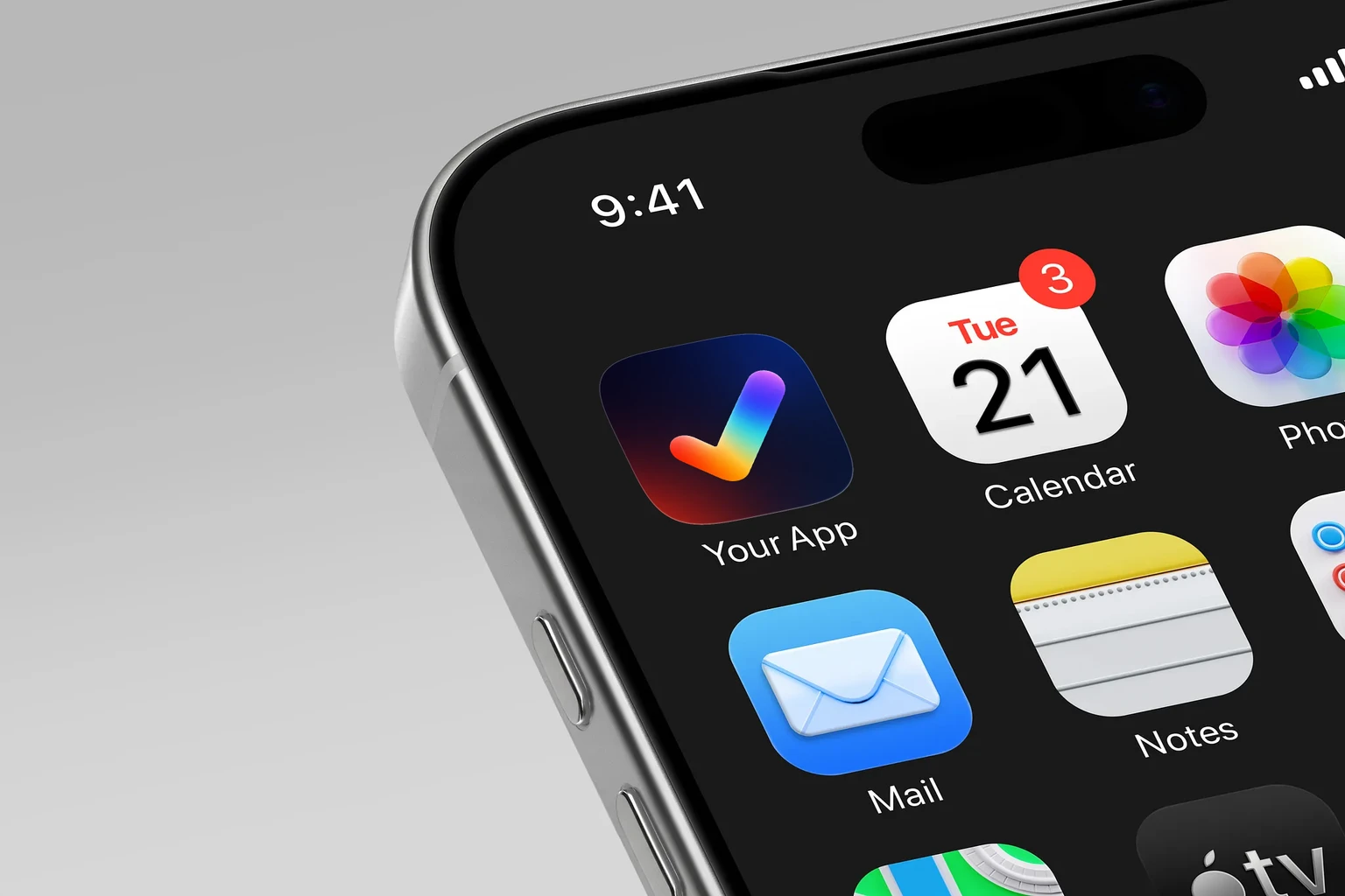 Thick rounded checkmark with a red, orange, yellow, cyan, blue, and purple gradient on a dark navy background shown on an iPhone home screen