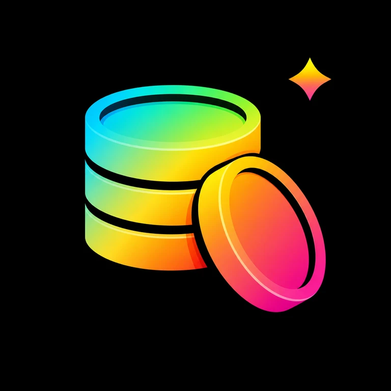 Glossy rainbow-gradient stack of three coins with one coin leaning in front and a small sparkle above on a black background